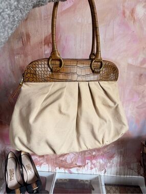 Vera Wang Leather-Trim Beige Pleated Tote Bag